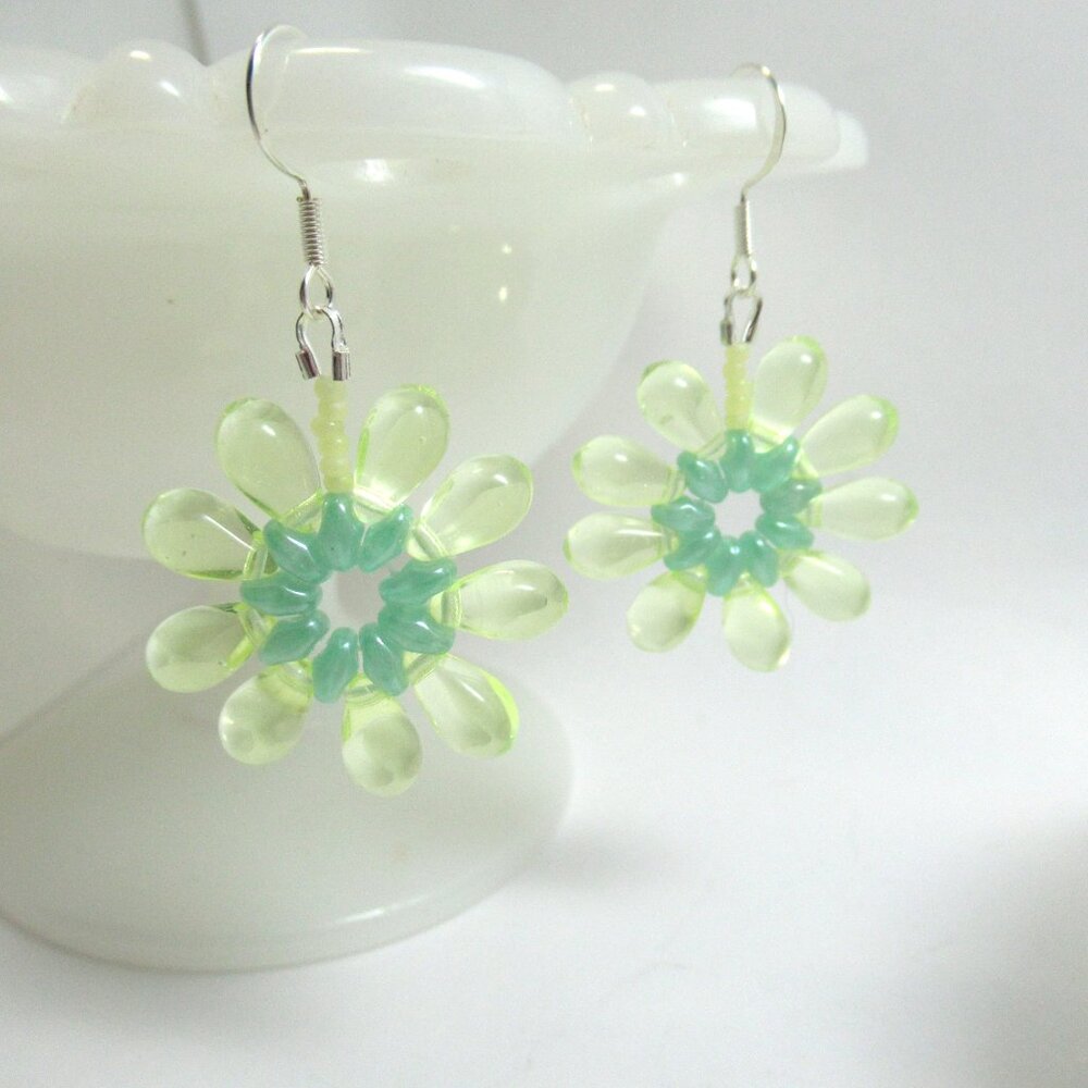 Handwoven Uranium Glass drop flower Statement earrings - Picture 9 of 10